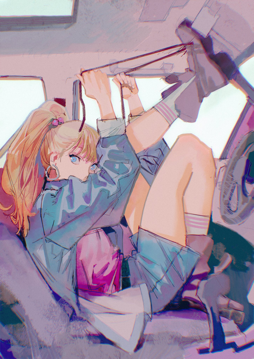 1girl, ankle_boots, bangs, blue_eyes, blue_shorts, blunt_bangs, boots, car_interior, covered_mouth, earrings, foot_up, from_side, full_body, garam_lee, hair_bobbles, hair_ornament, highres, hoop_earrings, jewelry, knee_up, long_hair, long_sleeves, looking_at_viewer, looking_to_the_side, orange_hair, original, pink_footwear, pink_shirt, ponytail, shirt, shorts, sitting, sketch, socks, solo, tying_footwear, white_socks