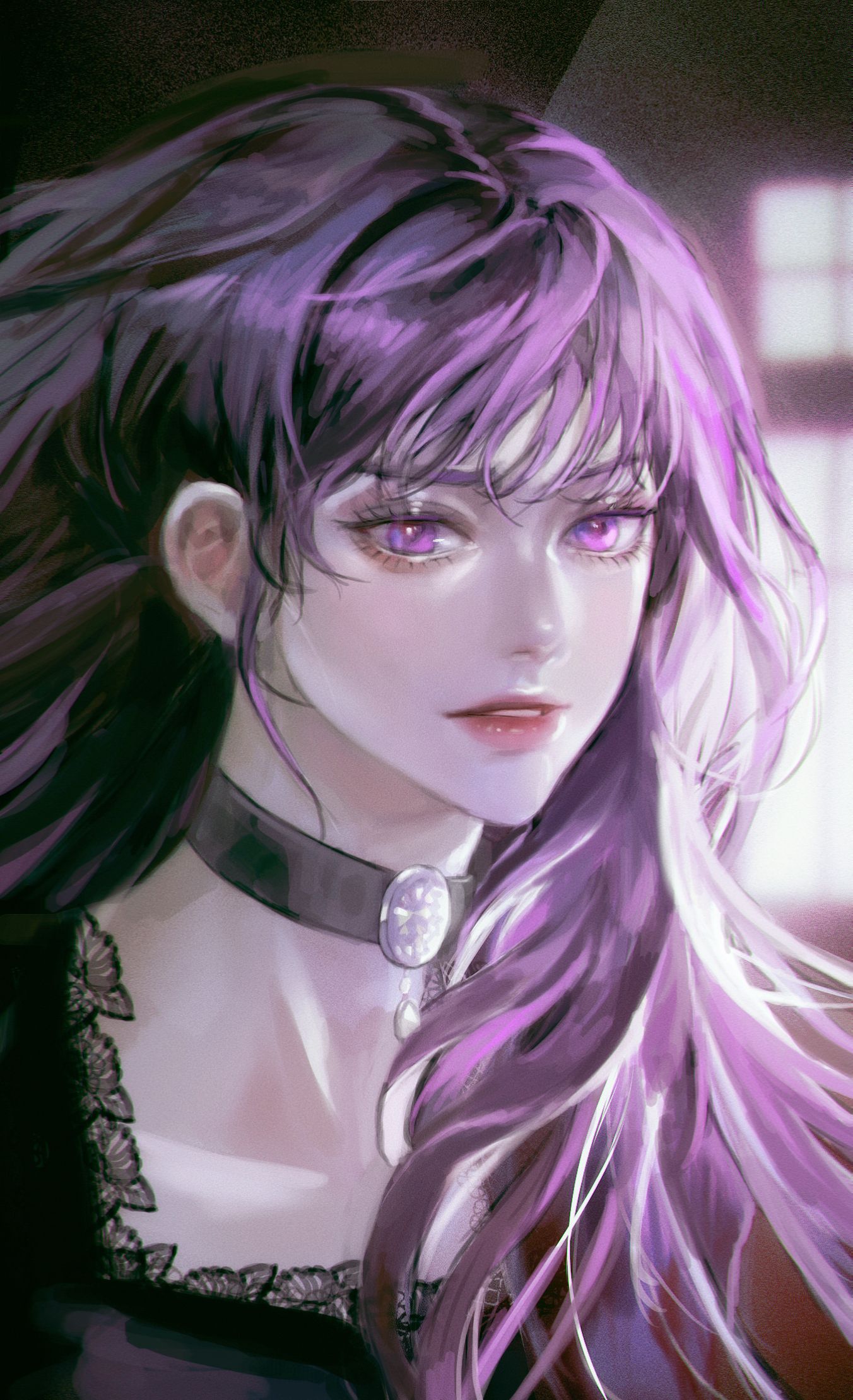 1girl, bangs, black_dress, blurry, blurry_background, choker, dress, haseonyeon, highres, jewelry, korean_commentary, lips, long_hair, looking_at_viewer, medea_solon, pale_skin, parted_lips, portrait, purple_hair, solo, violet_eyes, your_throne