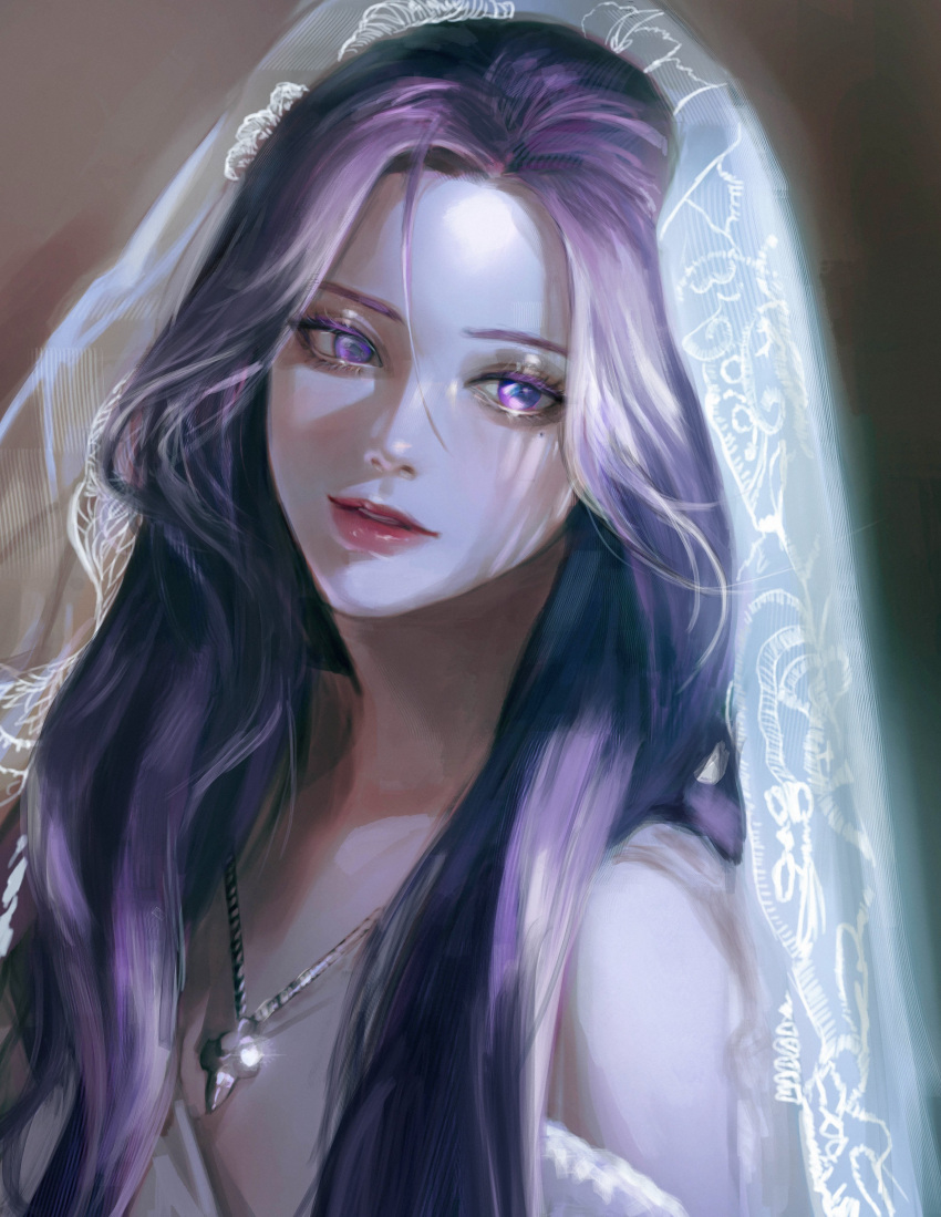 1girl, absurdres, bridal_veil, forehead, glint, haseonyeon, highres, jewelry, korean_commentary, long_hair, looking_to_the_side, medea_solon, mole, mole_under_eye, necklace, pale_skin, parted_lips, portrait, purple_hair, simple_background, solo, veil, violet_eyes, your_throne
