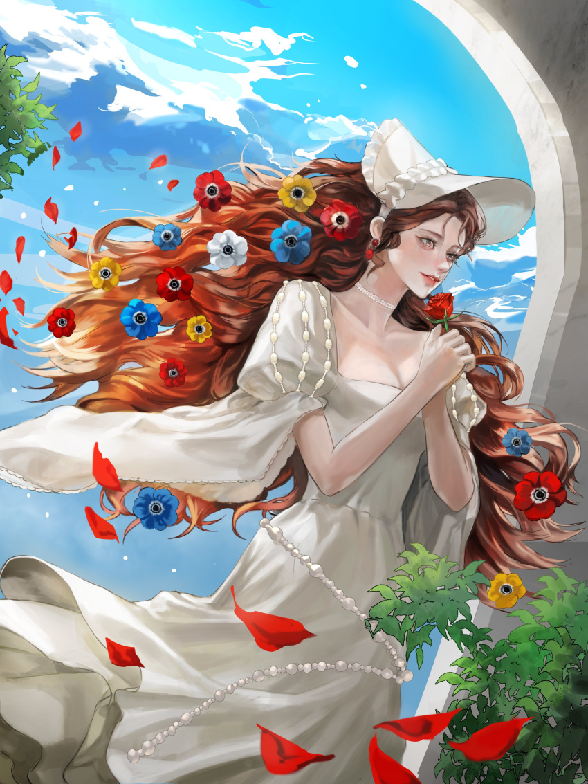 1girl, absurdres, breasts, brown_eyes, brown_hair, bush, choker, clouds, cloudy_sky, dress, earrings, flower, freckles, haseonyeon, highres, holding, holding_flower, jewelry, korean_commentary, long_hair, maximilian_calypse, medium_breasts, parted_lips, petals, puffy_sleeves, red_flower, red_rose, rose, sky, solo, under_the_oak_tree, white_dress, white_headwear, wind