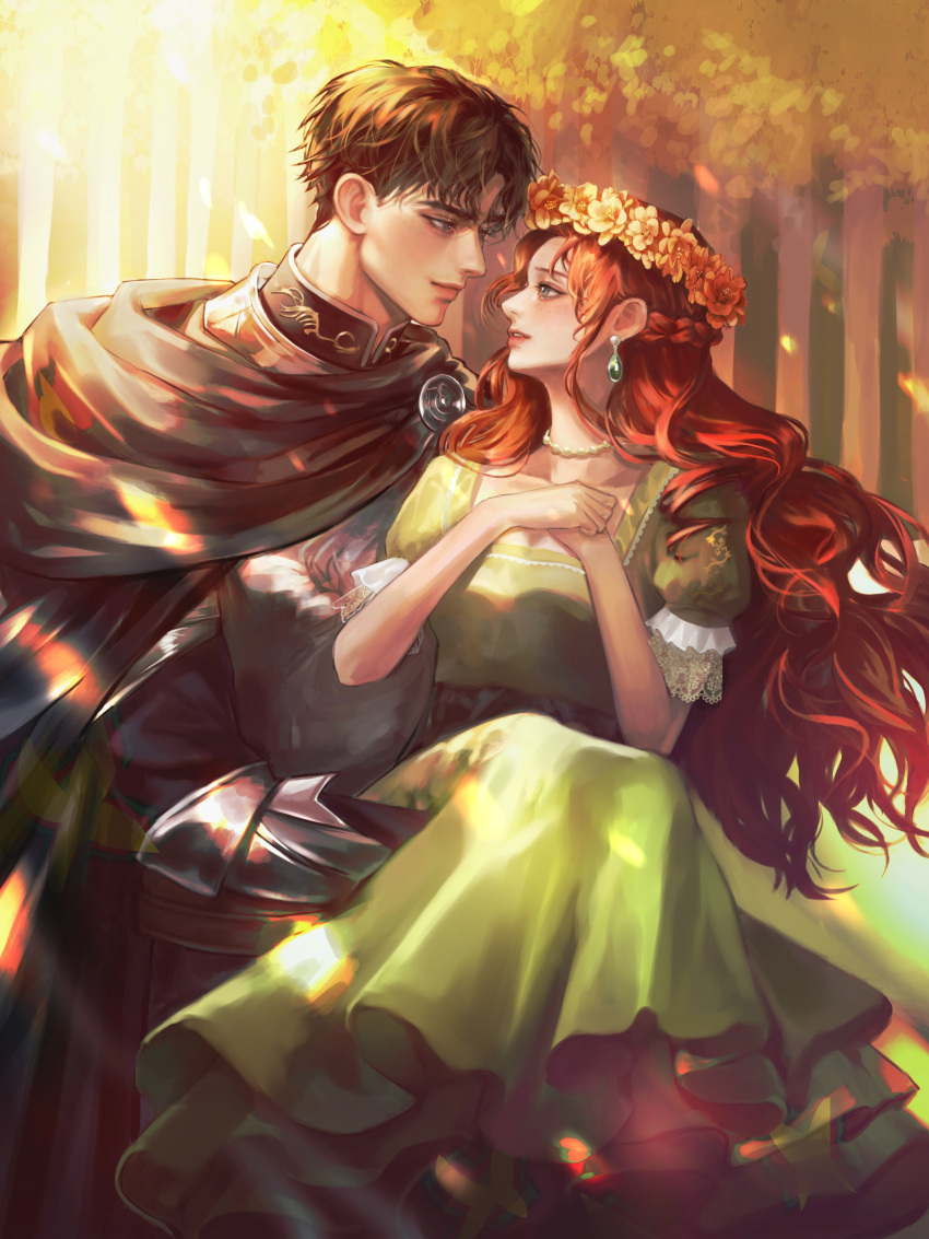 1boy, 1girl, absurdres, armor, bead_necklace, beads, brown_cape, brown_hair