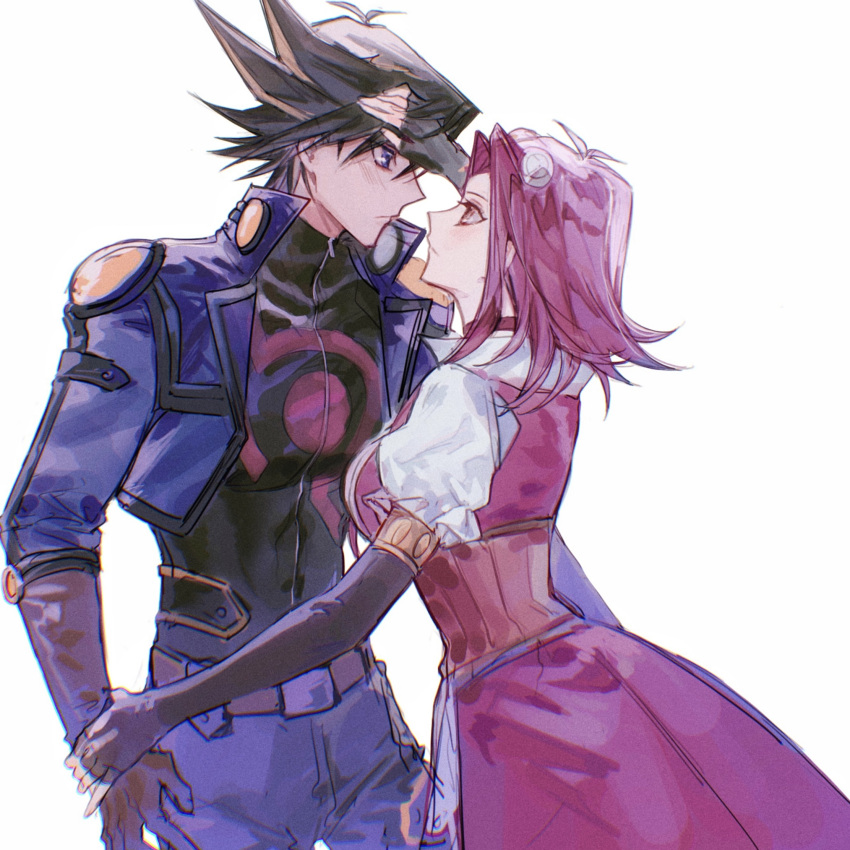 1boy, 1girl, black_gloves, black_hair, black_jacket, blonde_hair, blue_eyes, blue_jacket