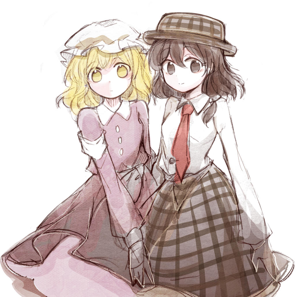 2girls, :|, armband, blonde_hair, brown_eyes, brown_hair, brown_headwear, brown_skirt