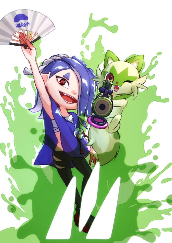 1girl, :3, :d, aiming_at_viewer, arm_up, asymmetrical_hair, bamboozler_14_(splatoon), black_pants