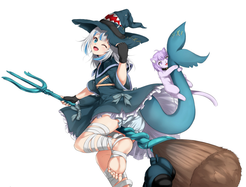 1girl, ;d, alternate_costume, animalization, bandaged_leg, bandages, bangs, barefoot
