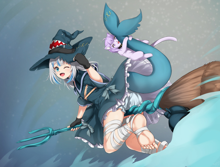 1girl, ;d, alternate_costume, animalization, bandaged_leg, bandages, bangs, barefoot, black_gloves, bloomers, blue_dress, blue_eyes, blue_hair, blunt_bangs, broom, broom_riding, cat, dress, fingerless_gloves, fish_tail, gawr_gura, gloves, grey_hair, highres, hololive, hololive_english, long_hair, looking_at_viewer, multicolored_hair, nekomata_okayu, nekomata_okayu_(cat), one_eye_closed, open_mouth, polearm, shark_girl, shark_tail, sharp_teeth, smile, soles, solo, streaked_hair, tail, teeth, trident, underwear, virtual_youtuber, weapon, wide_sleeves, witch, yomitrooper
