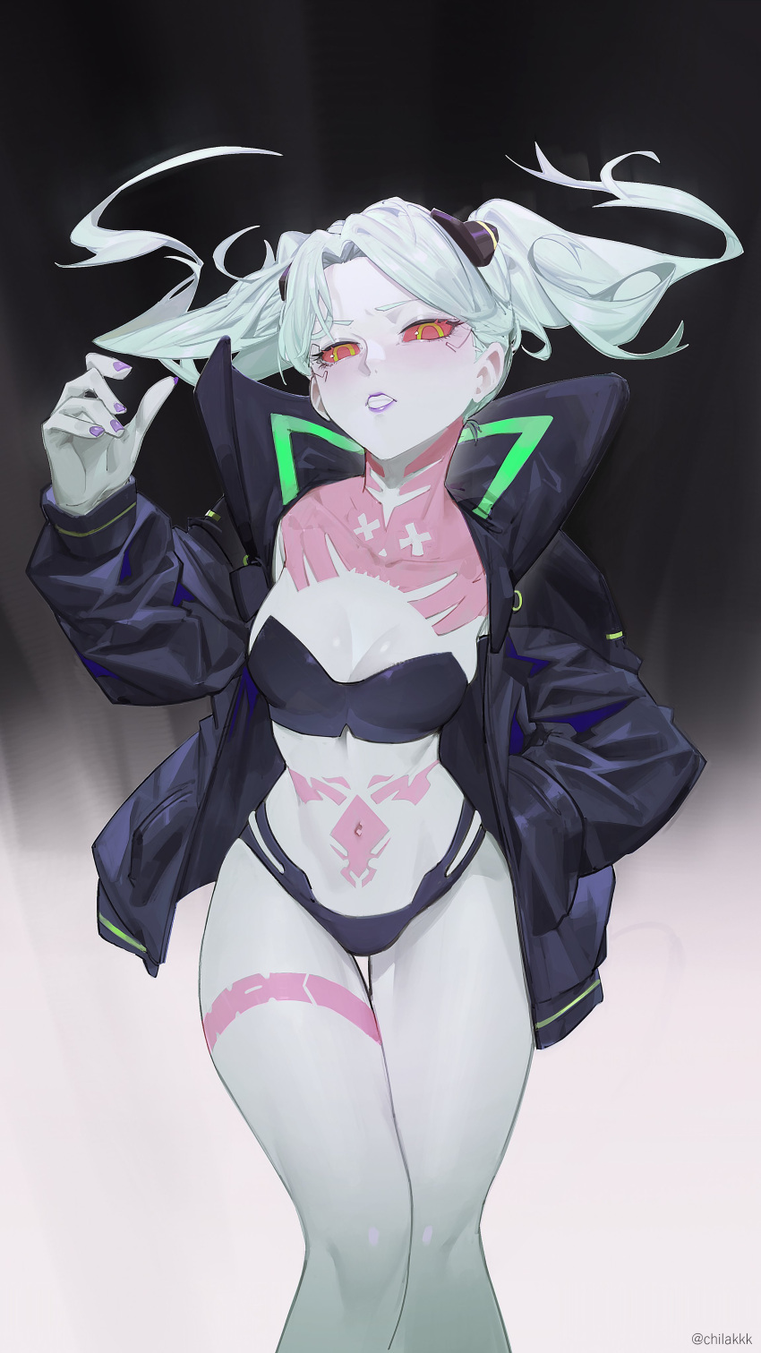 1girl, absurdres, artificial_eye, black_bra, black_jacket, black_panties, bra, breasts