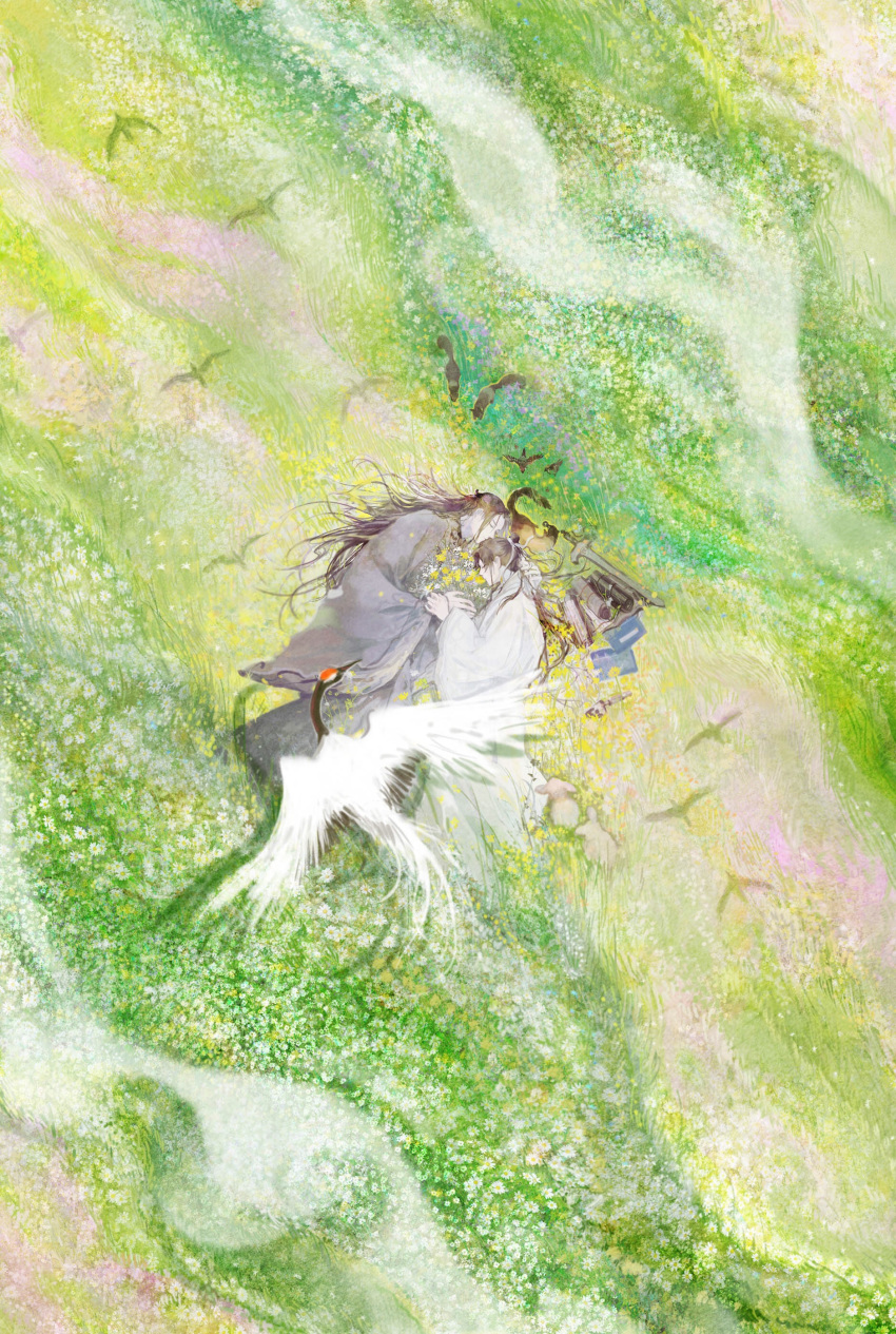 2boys, absurdres, animal, arm_pillow, bamboo_scroll, beak_hold, bird, book, chinese_clothes, closed_eyes, copyright_request, crane_(animal), day, field, flower, flower_field, fox, from_above, grass, grey_robe, hair_bun, half_updo, hanfu, highres, holding_hands, long_hair, long_sleeves, lying, male_focus, multiple_boys, nature, nthatall, on_ground, on_side, outdoors, pale_skin, profile, rabbit, robe, scenery, shadow, single_hair_bun, sleeping, smoke, squirrel, sword, weapon, white_flower, white_robe, wide_shot, wide_sleeves, yellow_flower