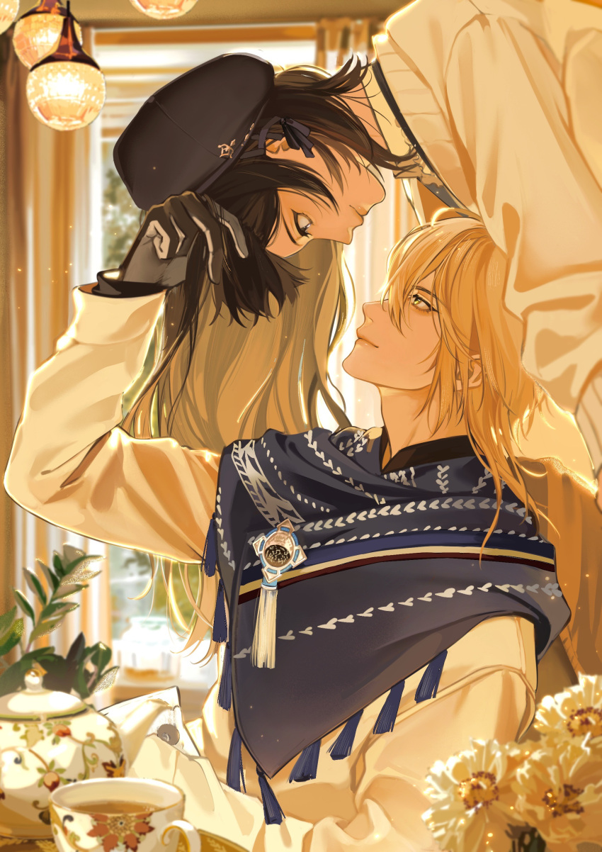 1boy, 1girl, absurdres, bangs, beret, black_gloves, black_hair, black_headwear