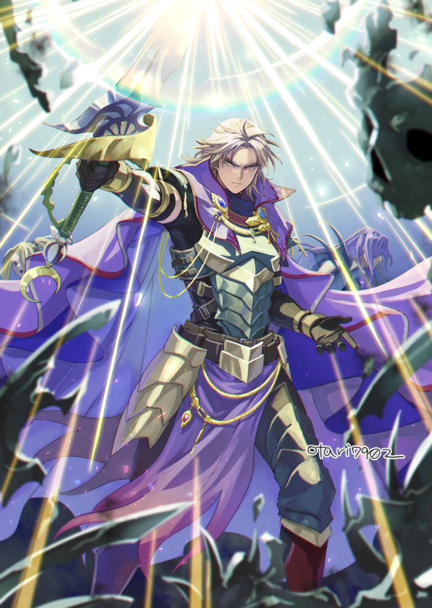 1boy, armor, belt, blonde_hair, cape, dark-skinned_male, dark_skin, greatsword, highres, holding, holding_sword, holding_weapon, indesign, protagonist_(romancing_saga_2), romancing_saga_2, saga, saga_frontier, sword, the_final_emperor, weapon