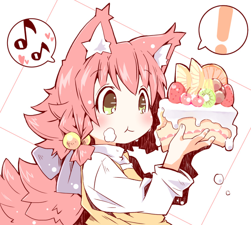 !, 1girl, :t, animal_ear_fluff, animal_ears, bangs, blush, brown_dress, cake, cake_slice, cherry, closed_mouth, commentary, cream, cream_on_face, dress, eating, eighth_note, food, food_on_face, fruit, green_eyes, hair_between_eyes, hands_up, heart, high_collar, holding, holding_food, kiwi_(fruit), kiwi_slice, long_hair, long_sleeves, looking_away, musical_note, nomeoil, original, pink_hair, shirt, simple_background, sleeveless, sleeveless_dress, solo, spoken_exclamation_mark, spoken_heart, spoken_musical_note, strawberry, symbol-only_commentary, upper_body, white_background, white_shirt