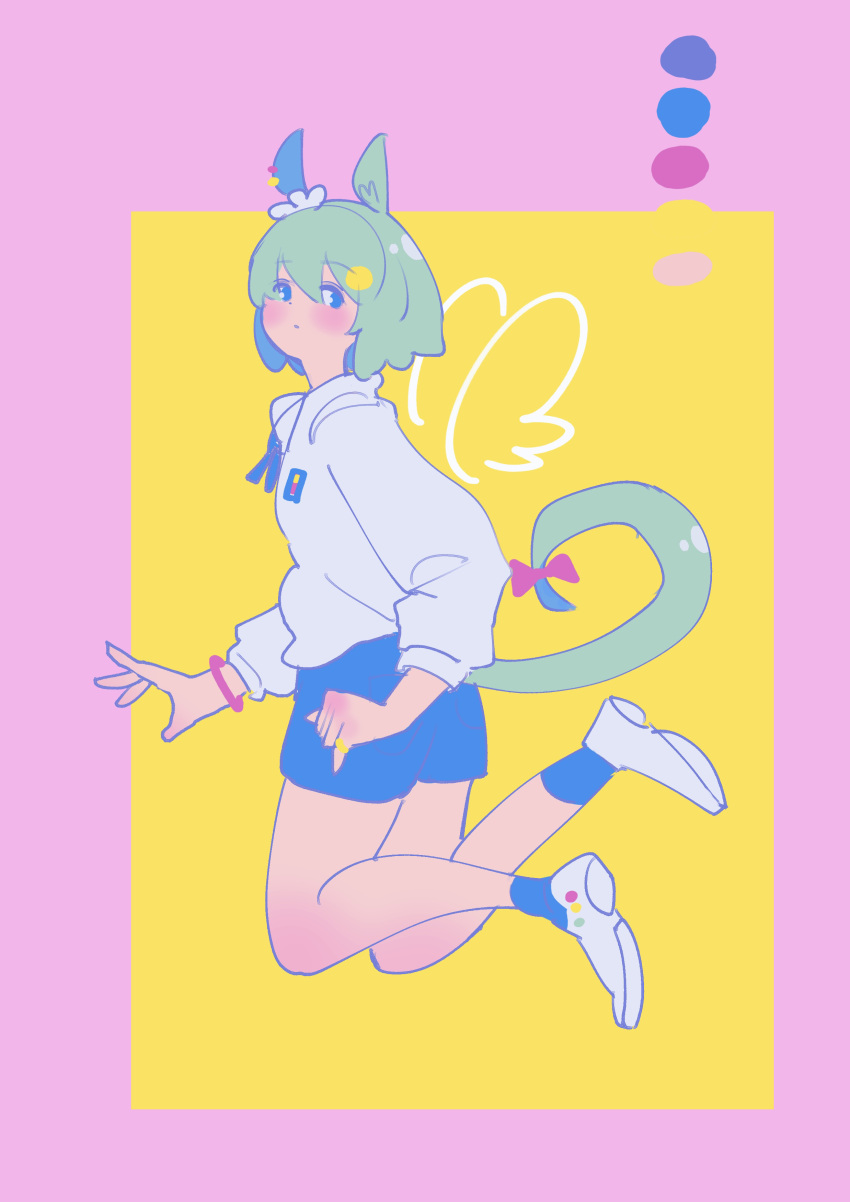 1girl, absurdres, animal_ears, bangs, blue_eyes, blue_shorts, blue_socks, color_guide