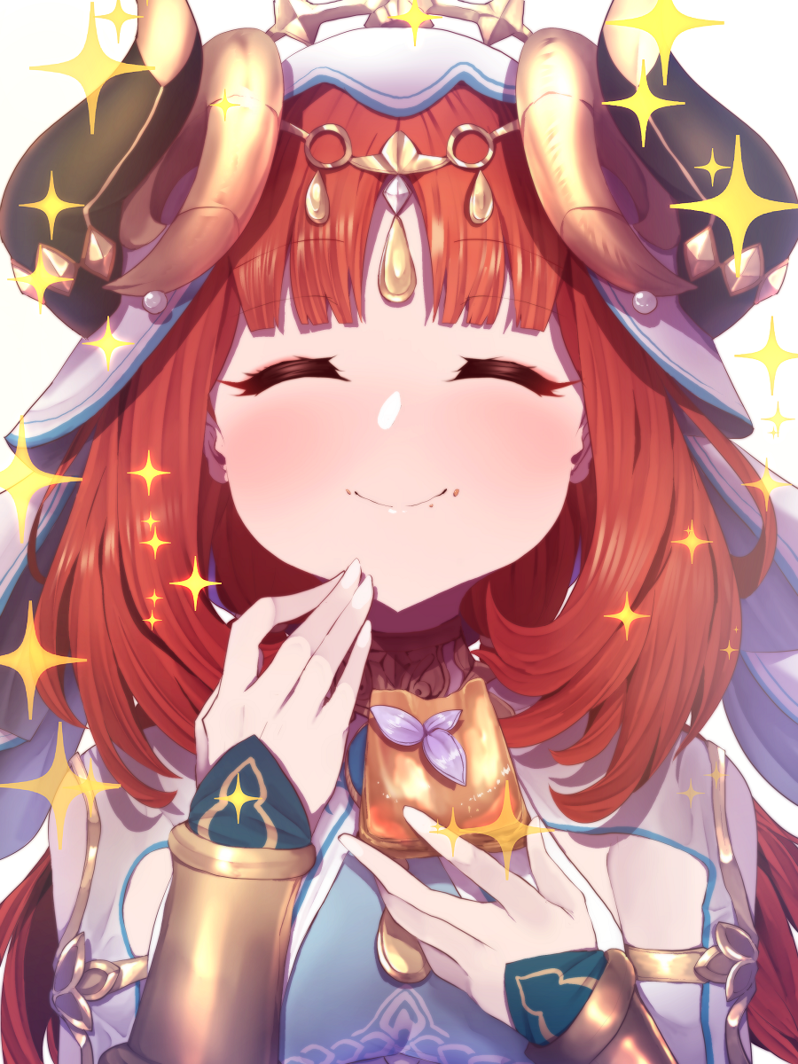 1girl, blush, brooch, cake, circlet, closed_eyes, clothing_cutout, facing_viewer, food, food_in_mouth, food_on_face, genshin_impact, hands_up, highres, holding, holding_food, horns, jewelry, nilou_(genshin_impact), sakishimadara, simple_background, smile, solo, sparkle, upper_body, vambraces, veil, white_background