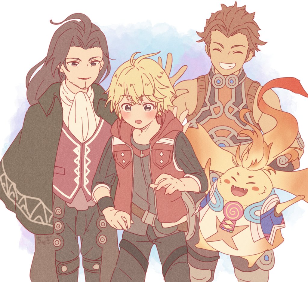 ^_^, ahoge, bare_shoulders, black_cloak, black_pants, blonde_hair, brown_eyes, brown_hair, brown_pants, character_request, cloak, closed_eyes, commentary_request, creature, dark-skinned_male, dark_skin, grey_eyes, grey_shirt, grin, legend_of_nappo, long_sleeves, pants, parted_lips, red_vest, shirt, shulk_(xenoblade), sleeveless, sleeveless_shirt, smile, standing, vest, white_shirt, xenoblade_chronicles_(series), xenoblade_chronicles_1