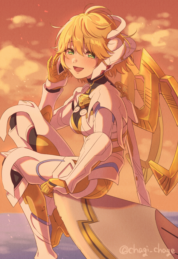 1girl, :d, bangs, blonde_hair, clouds, cloudy_sky, commentary_request, fiora_(xenoblade)