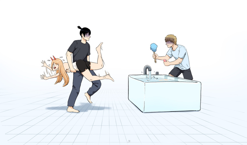 1girl, 2boys, bar_soap, barefoot, bath_brush, bathtub, black_hair, black_shorts, blonde_hair, carrying, chainsaw_man, denji_(chainsaw_man), dolphin_shorts, faceless, faceless_male, flying_sweatdrops, francisco_mon, hayakawa_aki, highres, horns, motion_lines, multiple_boys, orange_hair, power_(chainsaw_man), shaded_face, shorts, signature, tank_top, topknot, white_tank_top