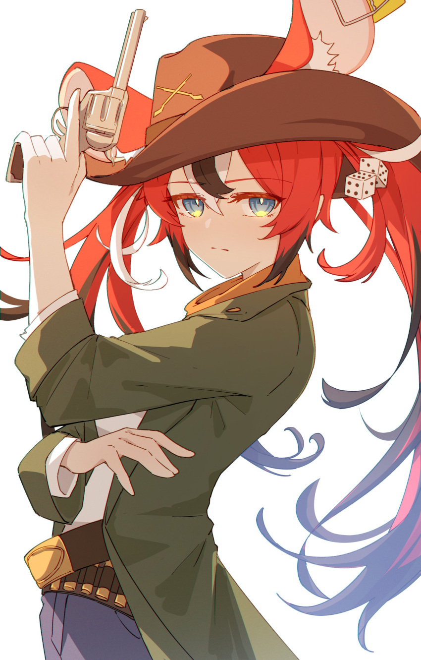 1girl, absurdres, ammunition_belt, animal_ears, black_hair, blue_eyes, cowboy, cowboy_hat