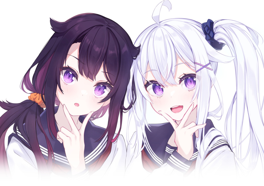 2girls, ahoge, bangs, brown_hair, hair_ornament, hair_scrunchie, hand_up, highres