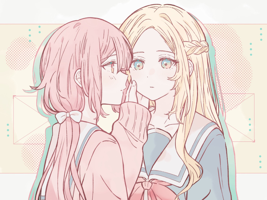 2girls, blonde_hair, bow, braid, eye_contact, fuwa_aya, hair_bow, hand_on_another's_cheek, hand_on_another's_face, highres, kousaka_0v0, looking_at_another, low_ponytail, multiple_girls, onna_doushi_toka_arienai_desho_to_iiharu_onnanoko_wo_hyakunichikan_de_tetteiteki_ni_otosu_yuri_no_ohanashi, redhead, sakakibara_marika, school_uniform, upper_body, yuri