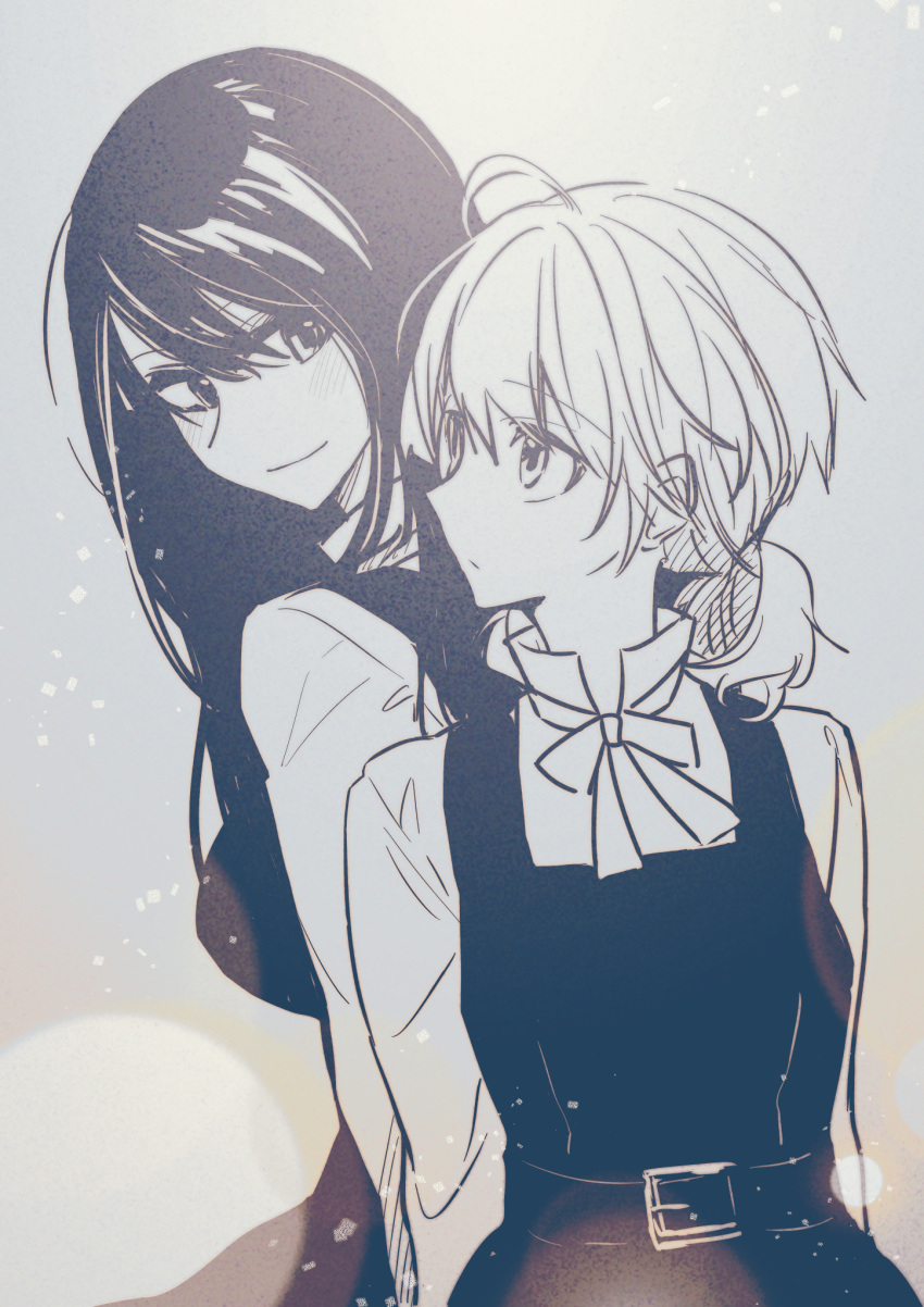 2girls, ahoge, back-to-back, eye_contact, greyscale, highres, koito_yuu, long_hair
