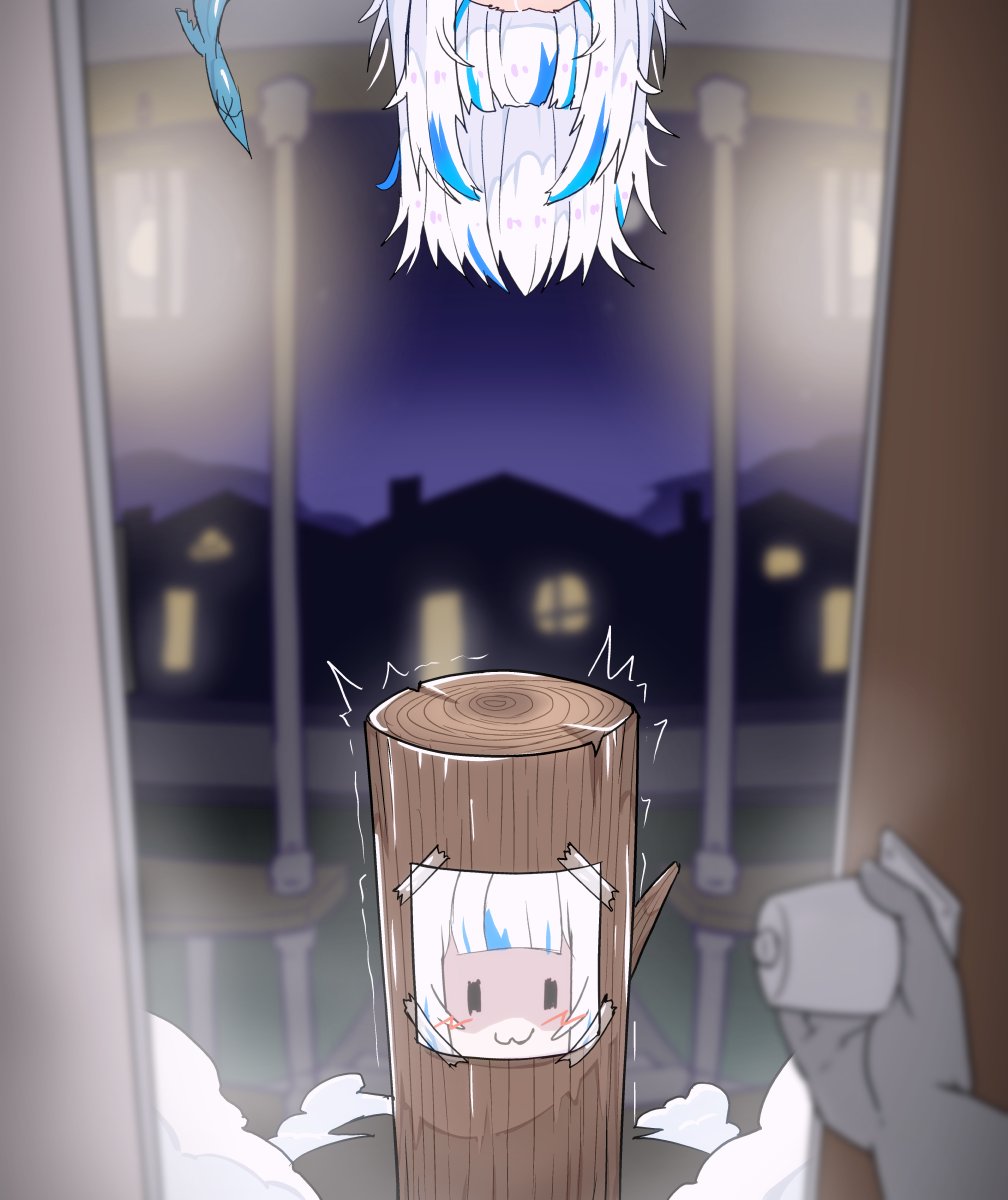 1girl, blue_hair, door, fish_tail, gawr_gura, head_out_of_frame, highres, hololive