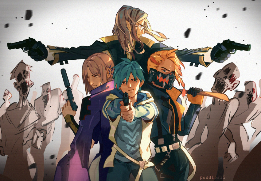 4boys, aiming, axel_syrios, blonde_hair, blue_hair, dual_wielding, glasses, grey_hair