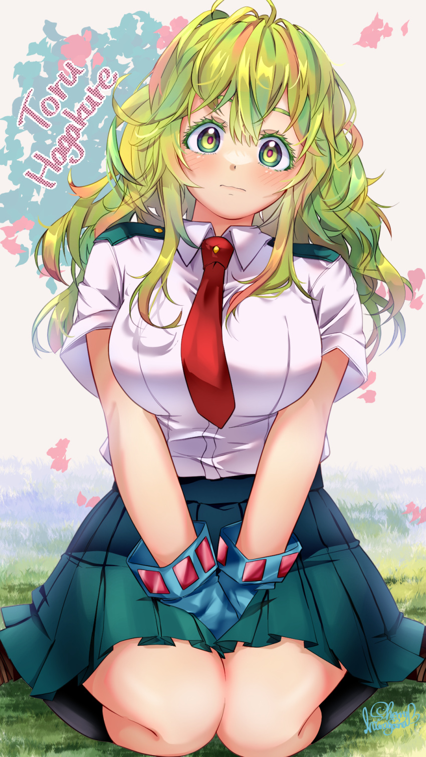 1girl, ahoge, bangs, black_socks, blue_gloves, boku_no_hero_academia, breasts, brown_footwear, character_name, clip_studio_paint_(medium), closed_mouth, collared_shirt, commentary_request, full_body, gloves, grass, green_eyes, green_hair, green_skirt, hagakure_tooru, hair_between_eyes, highres, hiragana_sherry, kneehighs, large_breasts, long_hair, looking_at_viewer, making-of_available, messy_hair, necktie, on_grass, pink_hair, pleated_skirt, red_necktie, school_uniform, shadow, shirt, shoes, short_sleeves, sidelocks, signature, sitting, skirt, socks, solo, thick_eyelashes, u.a._school_uniform, unusually_visible, wariza, white_shirt