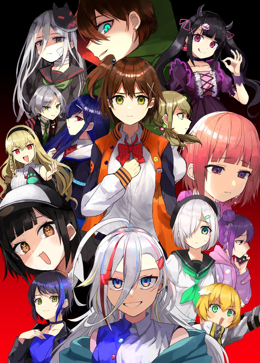 animal_ears, animal_hat, bangs, bare_shoulders, baseball_cap, black_choker, black_hair, black_jacket, blonde_hair, blue_eyes, blue_hair, bow, bowtie, braid, brown_hair, cat_ears, cat_hat, cellphone, choker, collared_shirt, denonbu, double_bun, dress, fake_animal_ears, green_eyes, grey_hair, haijima_ginka, hair_between_eyes, hair_bow, hair_bun, hair_ornament, hairclip, hat, hidaka_reina_(denonbu), highres, hood, hoodie, houou_karin, inubousaki_shian, jacket, kayano_futaba, kurogane_tama, long_hair, long_sleeves, looking_at_viewer, matoi_ogami, maya-shakuji-ameno, minakami_hina, multicolored_hair, multiple_girls, open_clothes, open_jacket, open_mouth, orange_hair, phone, pink_eyes, pleated_skirt, red_eyes, redhead, reml, sakurano_mimito, school_uniform, serafuku, seto_mitsuki_(denonbu), shinonome_kazune, shirokane_aki, shirt, short_hair, skirt, smartphone, smile, standing, streaked_hair, taiga_lucia, twin_braids, twintails, v7mtdf, very_long_hair, violet_eyes, white_shirt, yellow_eyes