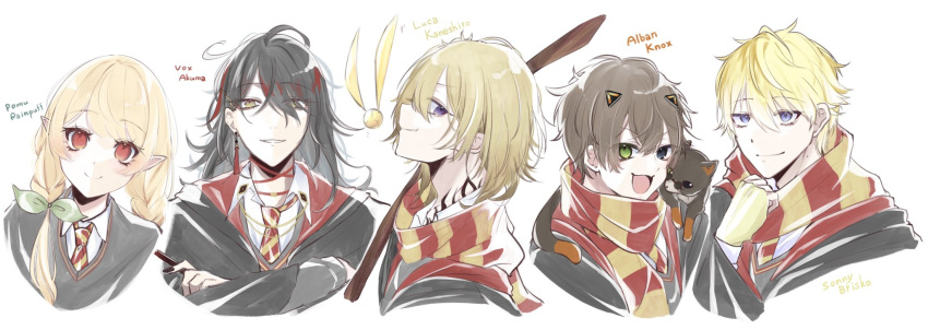 1girl, 4boys, alban_knox, bangs, black_cat, black_hair, black_nails, blonde_hair