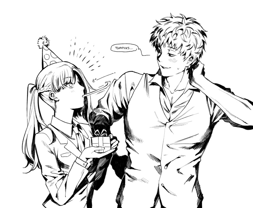 1boy, 1girl, bangs, blazer, blunt_bangs, blush, braid, breast_pocket, buttons, chidouin_sara, coliqo, collared_shirt, english_text, french_braid, gift, greyscale, grin, hat, highres, holding, holding_gift, jacket, kimi_ga_shine, lapels, long_hair, long_sleeves, looking_at_another, monochrome, necktie, notched_lapels, parted_lips, partially_unbuttoned, party_hat, party_horn, pocket, ponytail, school_uniform, shinogi_keiji, shirt, short_hair, single_sidelock, sleeves_rolled_up, smile, sonobeno_school_uniform, sweat, upper_body, vest