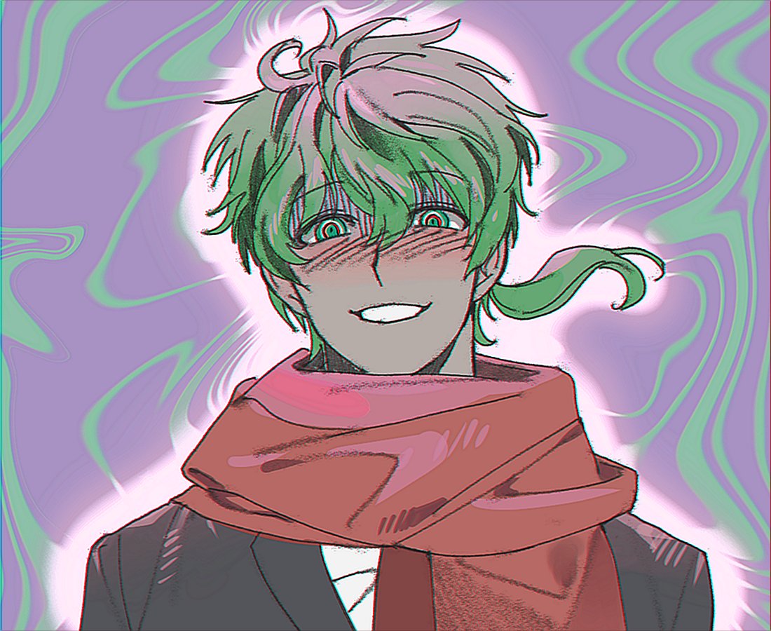 1boy, arms_at_sides, bangs, black_jacket, black_suit, blush, cowlick, crazy_eyes