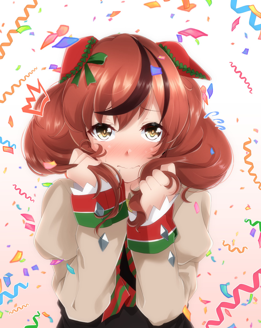 1girl, animal_ears, brown_eyes, closed_mouth, commentary_request, confetti, embarrassed, hair_ornament