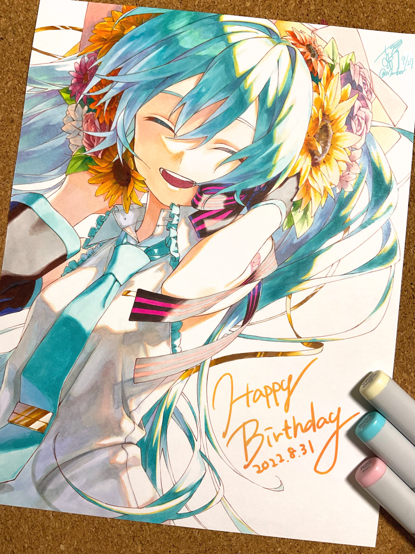 1girl, ^_^, a7mber, absurdres, aqua_hair, aqua_necktie, bare_shoulders, black_ribbon