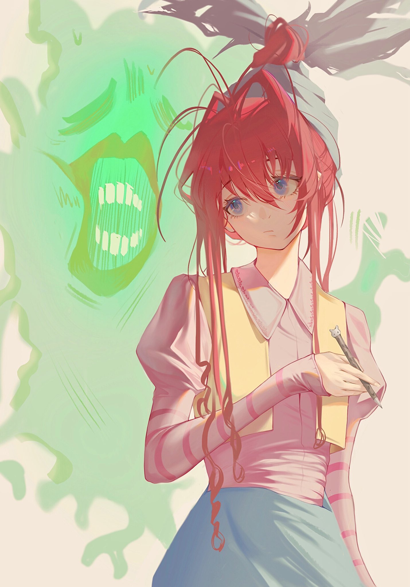 1girl, alternate_hair_color, bangs, blue_eyes, blue_skirt, eyelashes, feet_out_of_frame, feitian5575