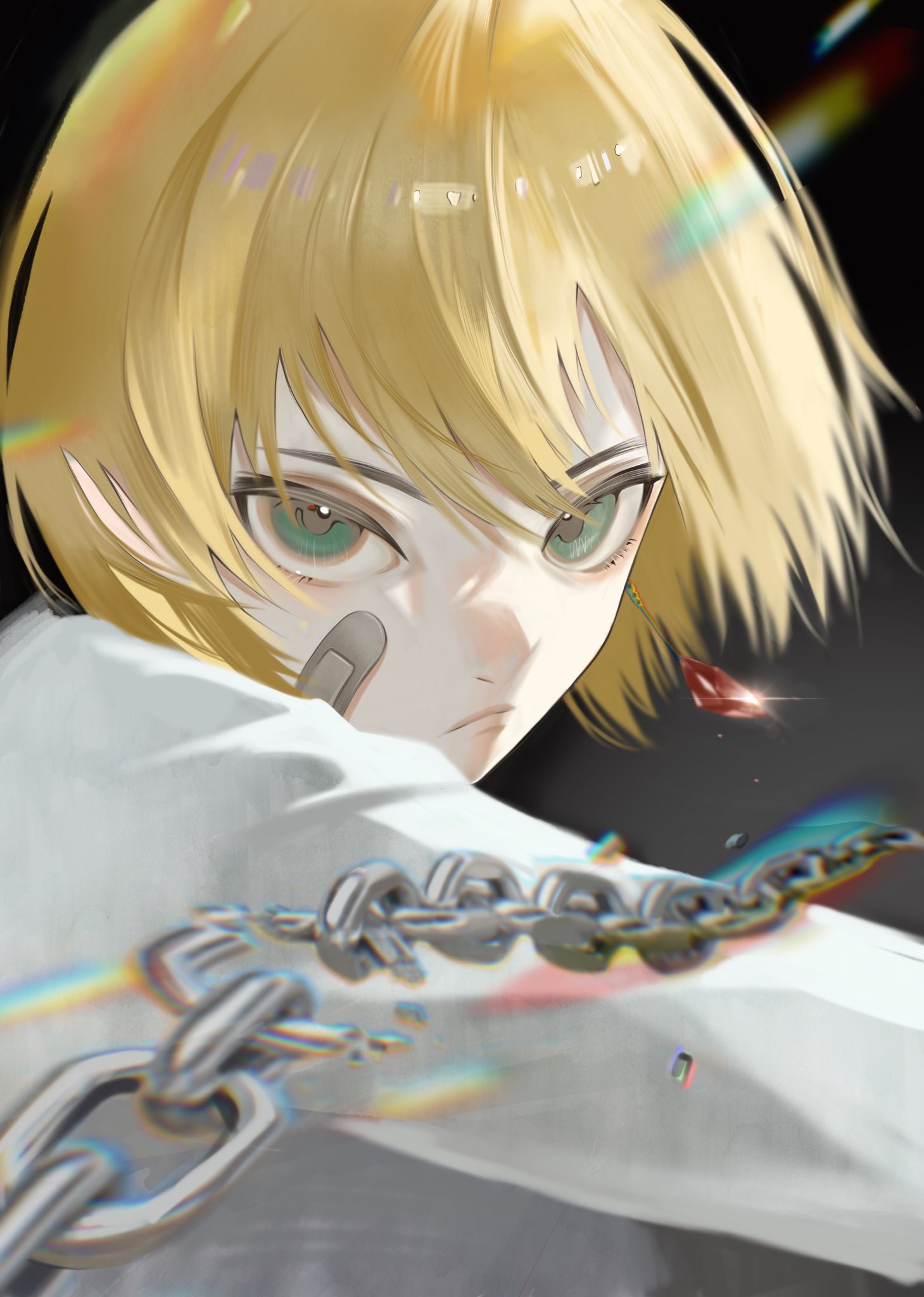 1boy, alternate_eye_color, androgynous, bangs, blonde_hair, broken, broken_chain, chain