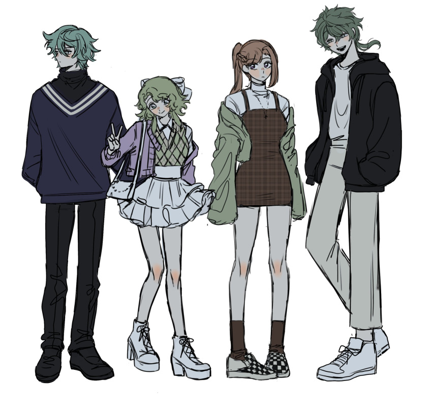 2boys, 2girls, :d, alternate_costume, aqua_eyes, aqua_hair, argyle, argyle_sweater