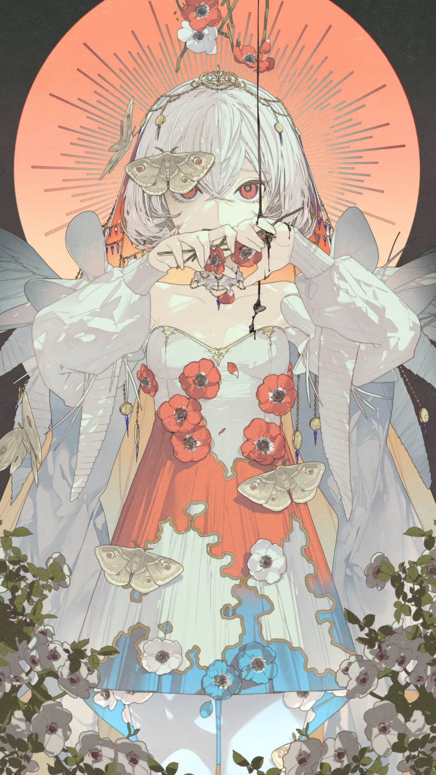 1girl, absurdres, albino, anemone_(flower), angel, angel_wings, blue_dress, blue_flower, bug, choker, collarbone, commentary_request, covering_mouth, detached_sleeves, dress, dripping, flower, halo, hands_up, head_chain, heart, heart_hands, highres, holding, holding_flower, insect_on_head, long_sleeves, looking_at_viewer, medium_hair, moth, multicolored_clothes, multicolored_dress, original, own_hands_together, petals, plant, puffy_long_sleeves, puffy_sleeves, red_dress, red_eyes, red_flower, solo, sun_symbol, white_dress, white_flower, white_hair, wings, yo4zai