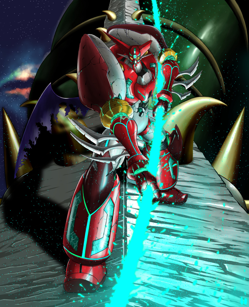 energy_weapon, getter_robo, highres, holding, holding_weapon, ishikawa_ken_(illustrated), ishikawa_ken_(style), looking_at_viewer, mecha, robot, shin_getter-1, shin_getter_dragon, shin_getter_robo, space, sparkle, tomolow1971, weapon