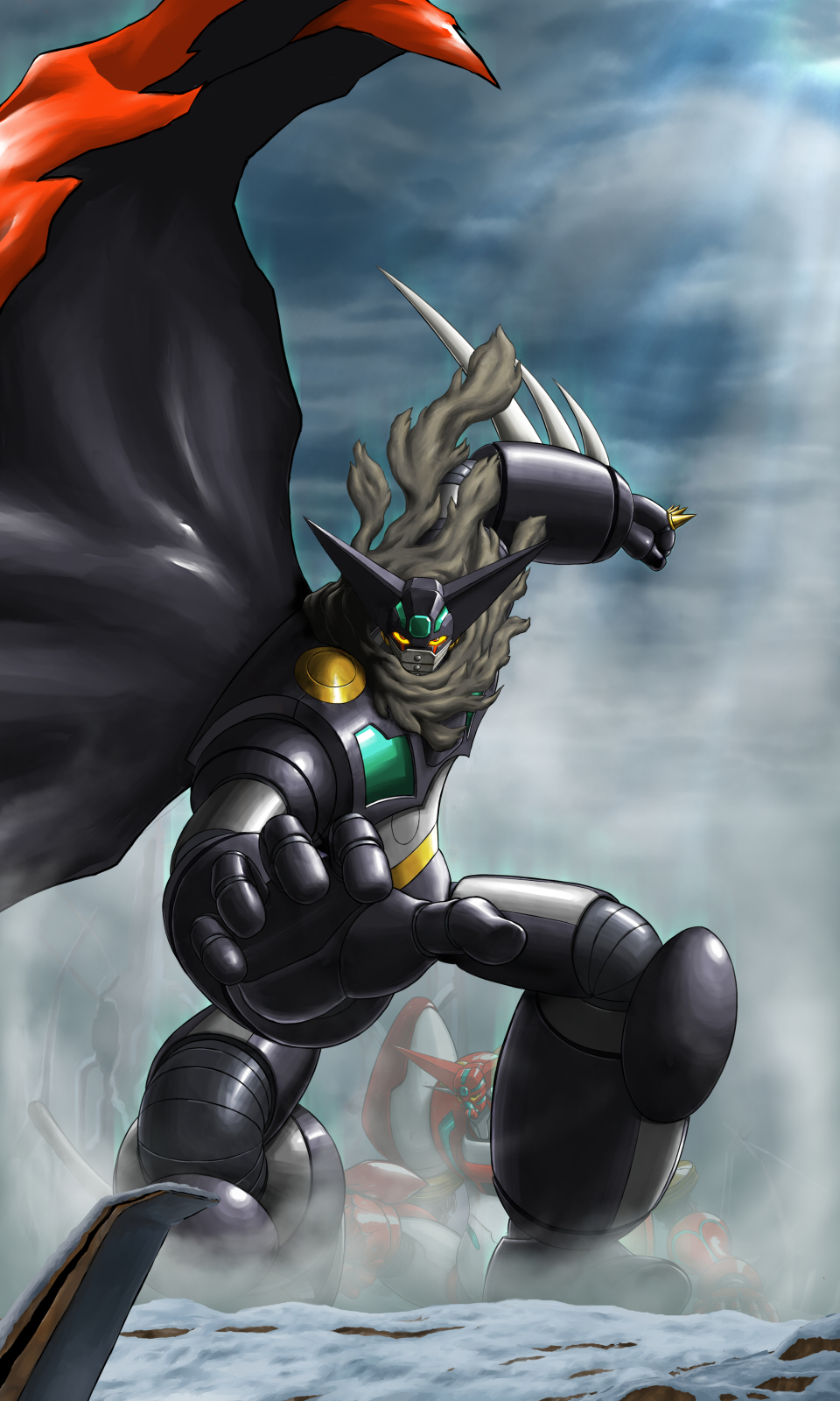 black_getter, brass_knuckles, cape, clouds, cloudy_sky, fog, getter_robo, getter_robo_(1st_series), highres, ishikawa_ken_(illustrated), ishikawa_ken_(style), looking_at_viewer, mecha, robot, scarf, shin_getter-1, shin_getter_robo, sky, spikes, tomolow1971, weapon