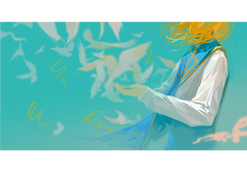 1boy, bad_id, bad_twitter_id, bird, blonde_hair, blue_sky, border, feitian5575
