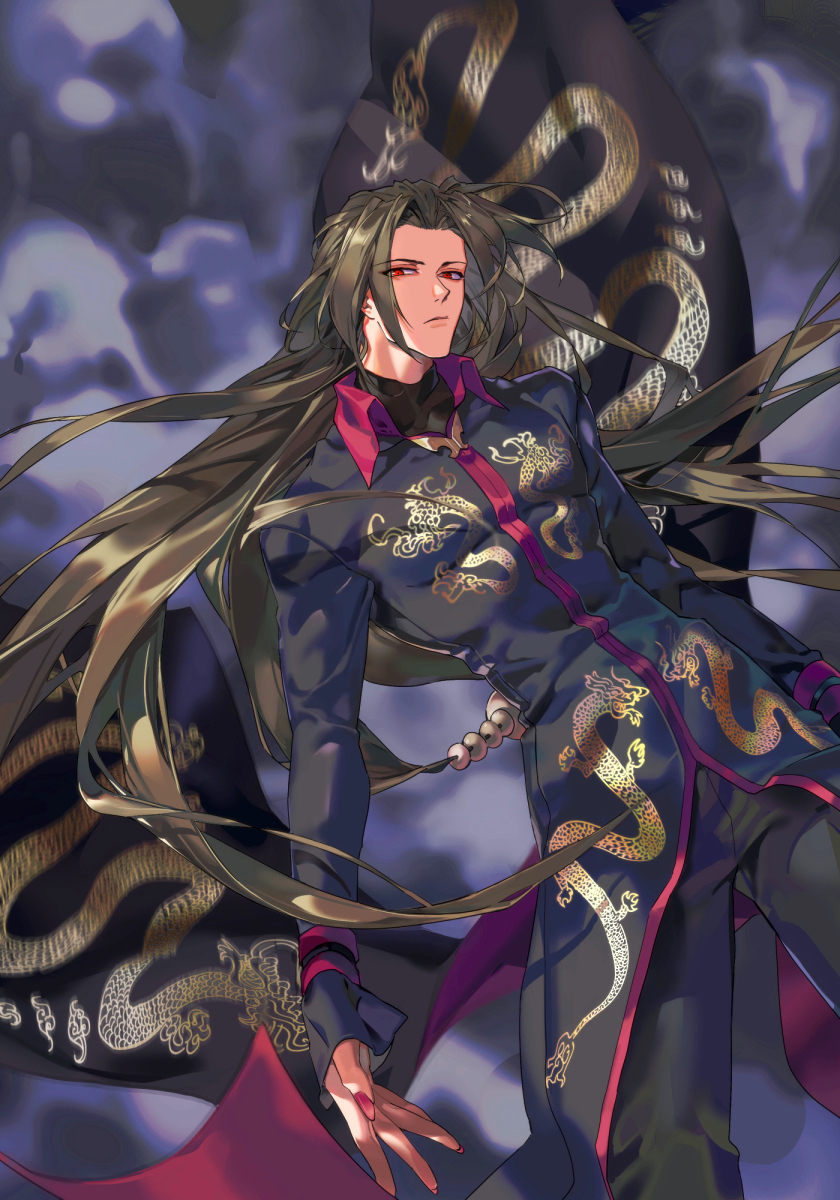 1boy, black_coat, black_pants, brown_hair, closed_mouth, coat, dragon_print, duo_lon