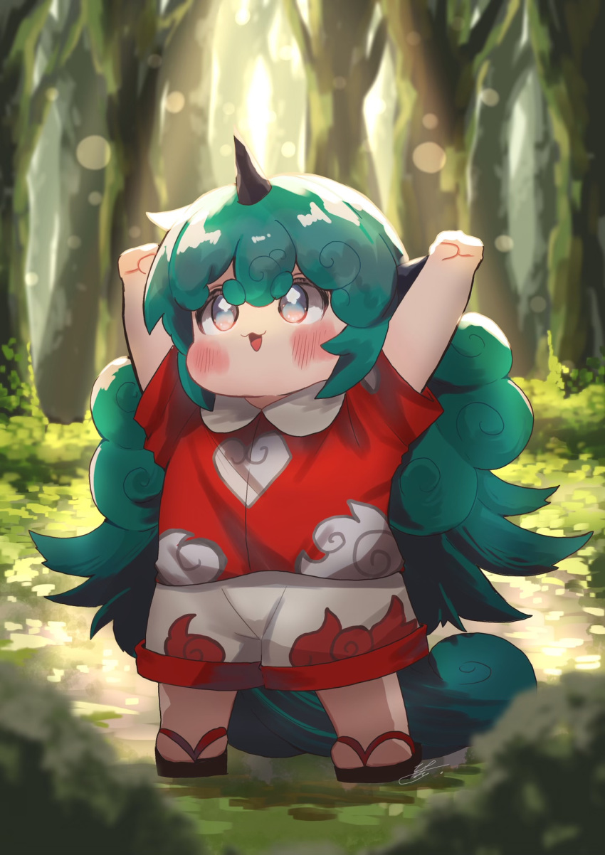1girl, cloud_print, curly_hair, forest, full_body, green_hair, grey_eyes, highres