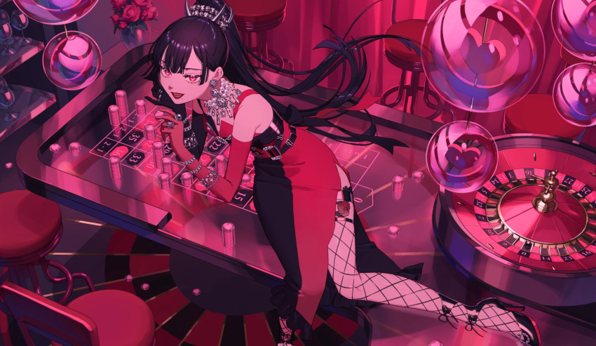1girl, aburage_(motimotigg20), bar_stool, belt, black_dress, black_hair, bouquet, bracelet