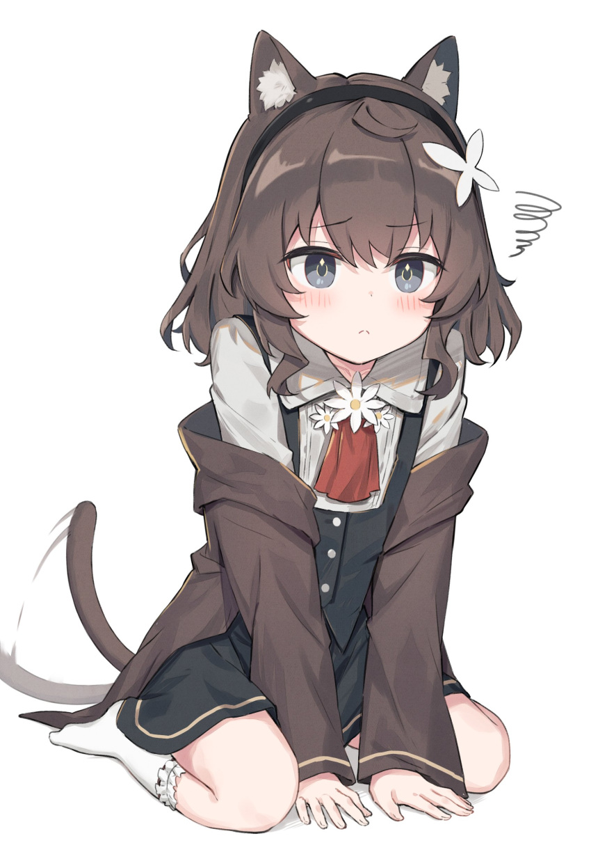 1girl, absurdres, afterimage, animal_ears, between_legs, black_skirt, black_vest, brown_coat