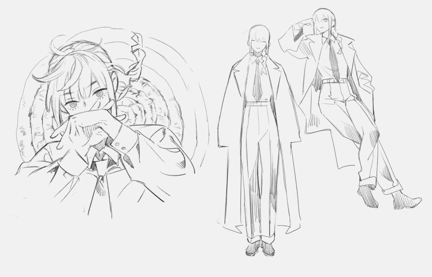 braid, braided_ponytail, chainsaw_man, collared_shirt, greyscale, head_on_hand, highres, long_coat