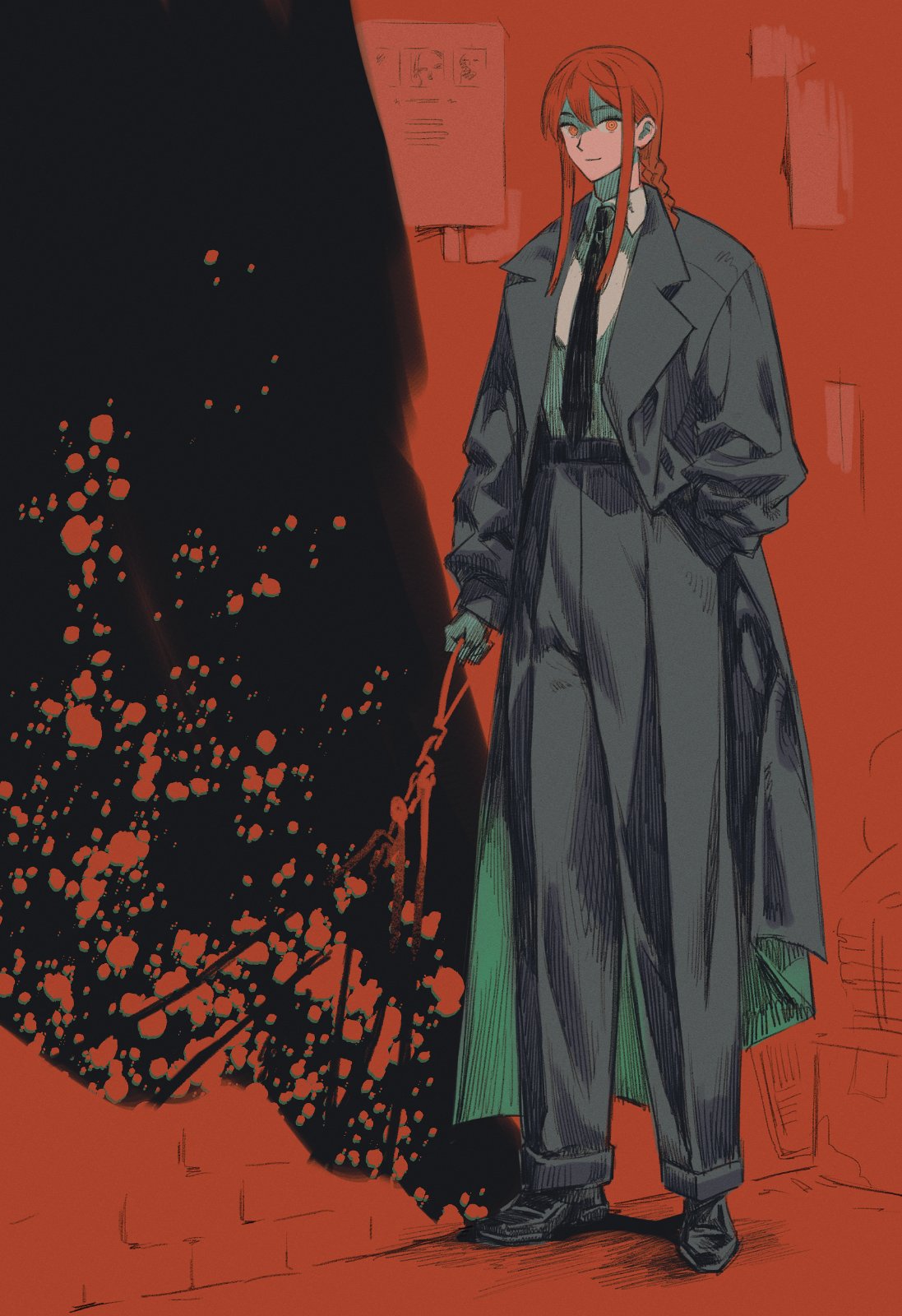 1girl, bangs, black_necktie, braid, braided_ponytail, chain, chainsaw_man, gloves