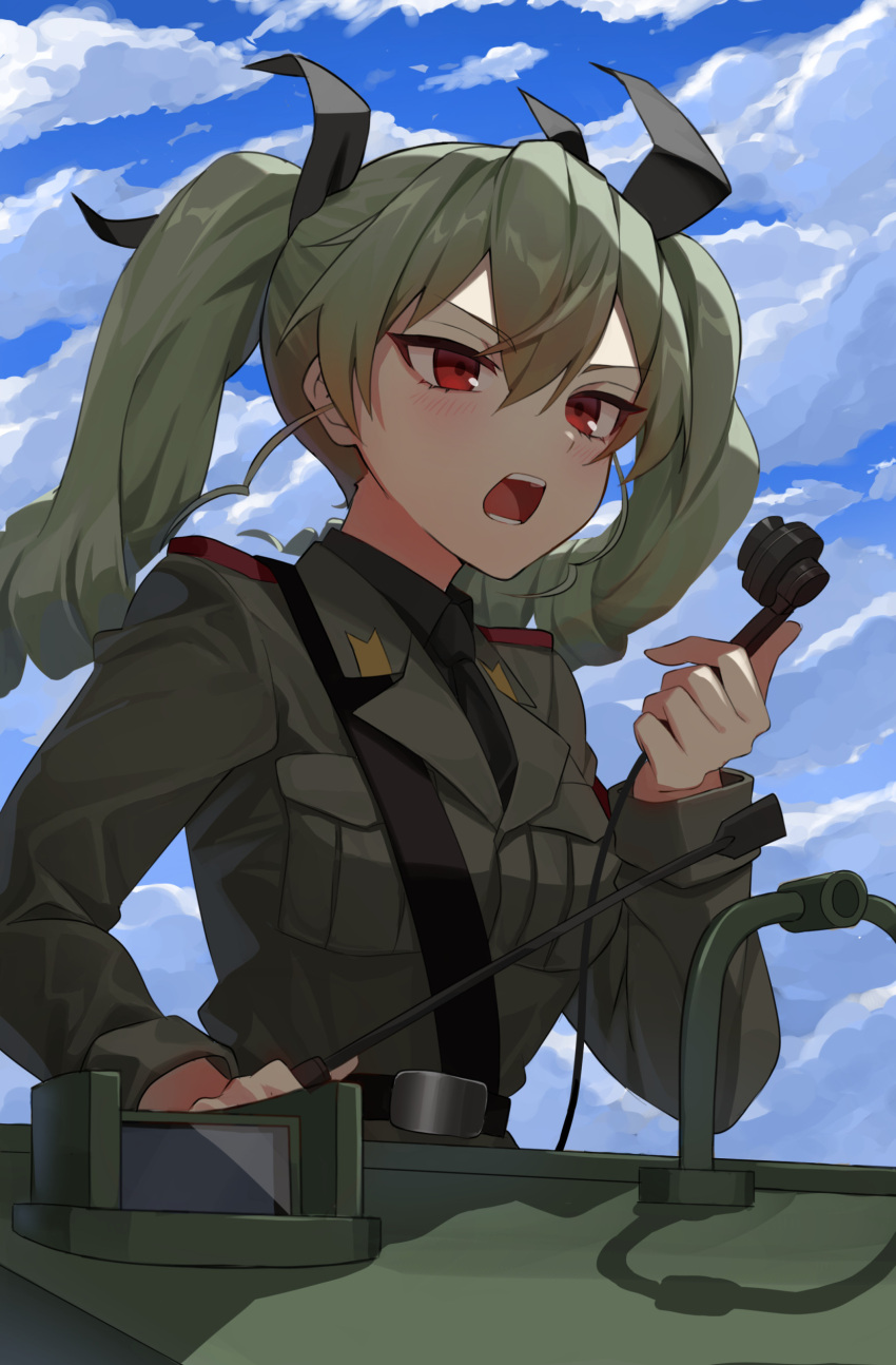 1girl, absurdres, anchovy_(girls_und_panzer), clouds, cloudy_sky, girls_und_panzer, green_hair, green_jacket