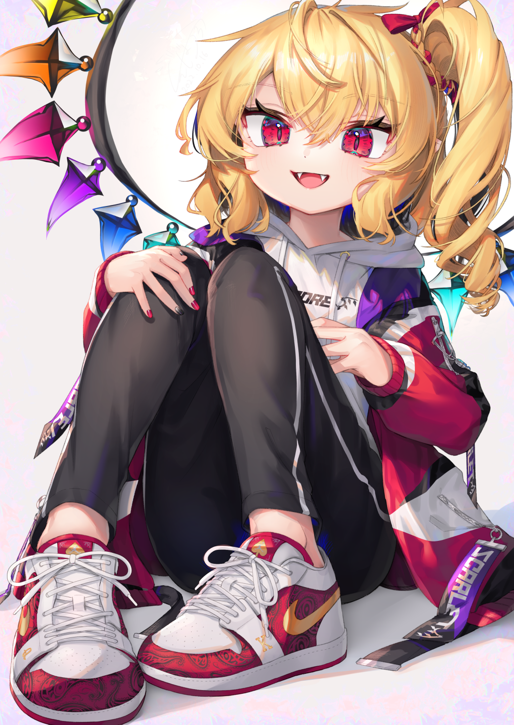 1girl, air_jordan, air_jordan_1, alternate_costume, black_nails, black_pants, blonde_hair, casual