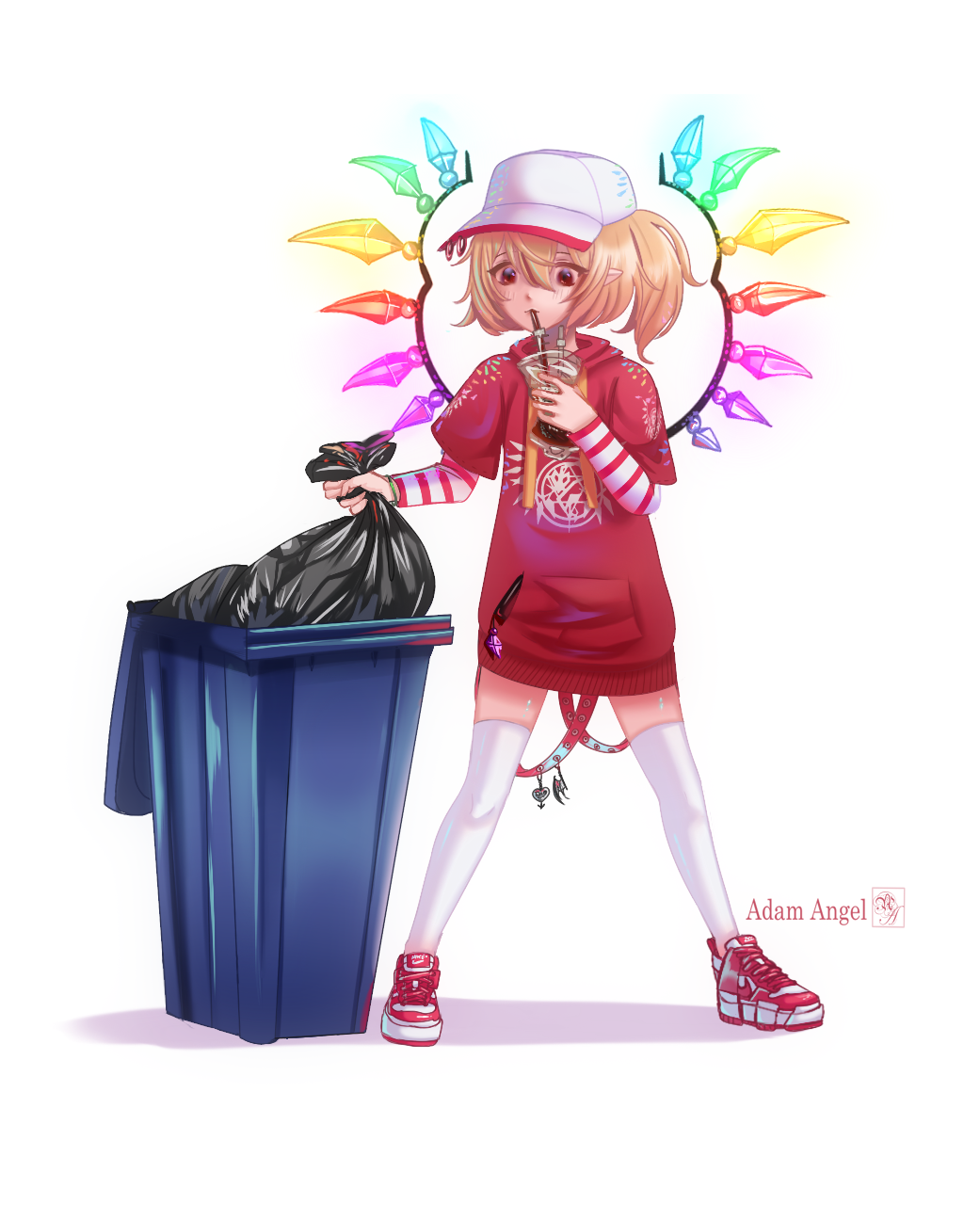 1girl, adam_angel, alternate_costume, artist_name, bag, casual, cup, drinking