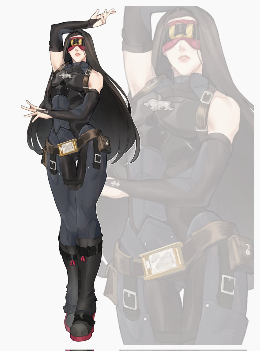1other, androgynous, bare_shoulders, belt, black_hair, blindfold, boots, cosplay